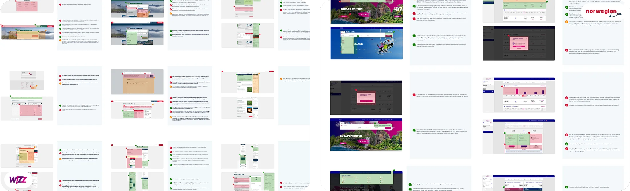 Side-by-side benchmarking board comparing Norwegian and Wizz Air booking screens, annotated green, orange and red