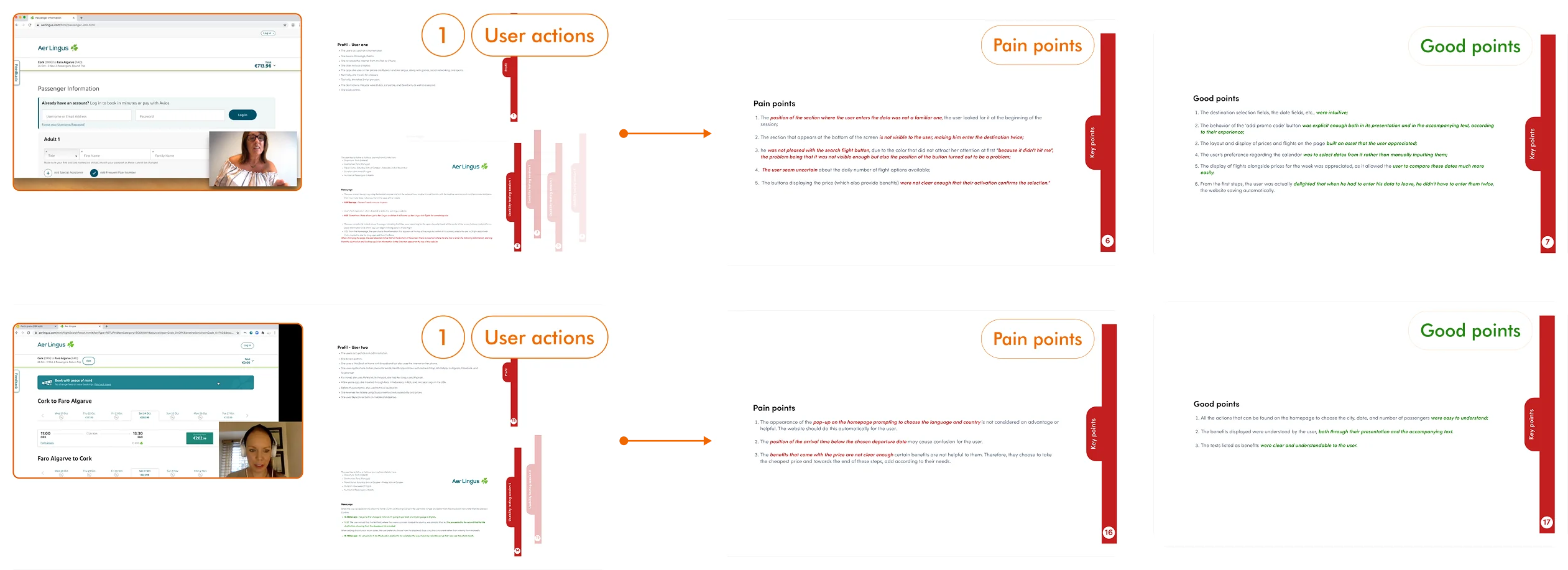 Timestamped note-taking log from a usability test recording, separating positive moments from pain points
