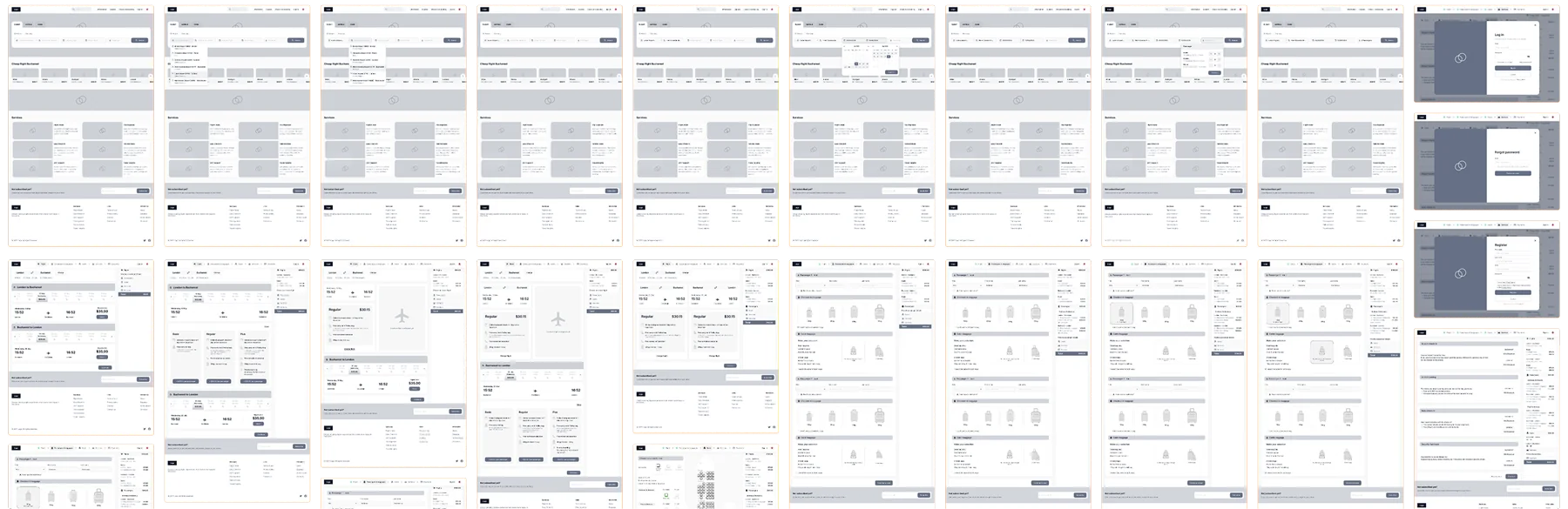 Low-fidelity wireframe set covering the booking flow from homepage search through passenger details and login