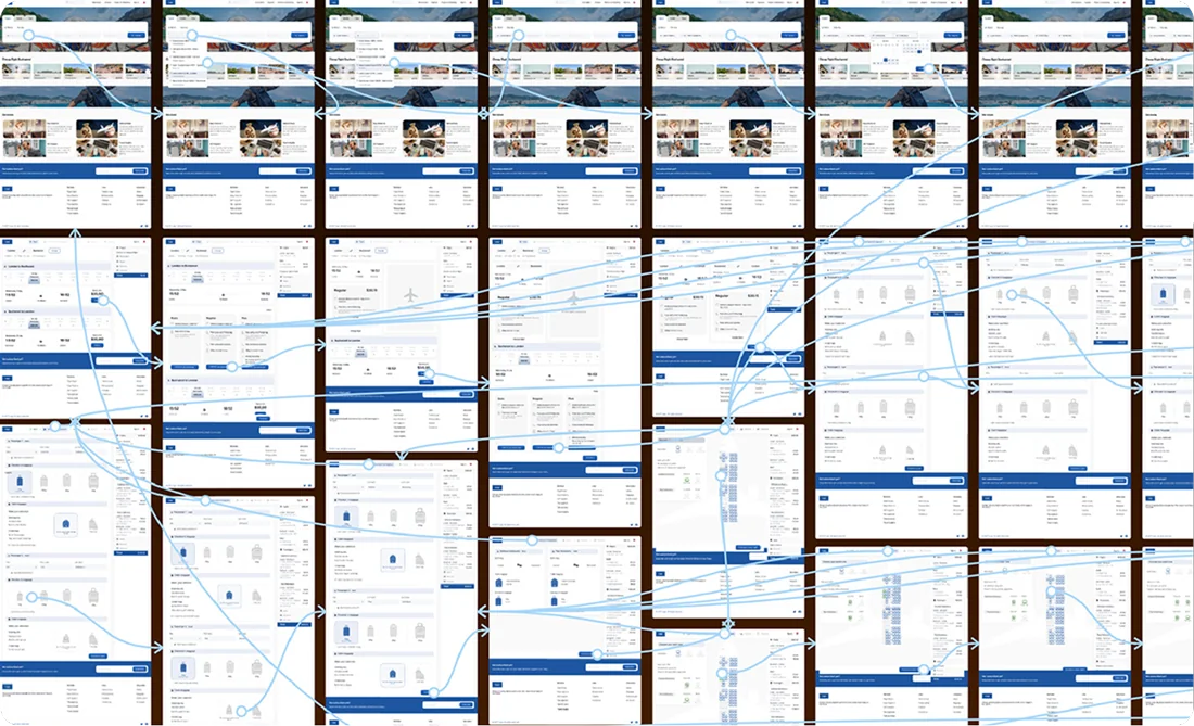 Connected high-fidelity screens forming the clickable booking flow prototype