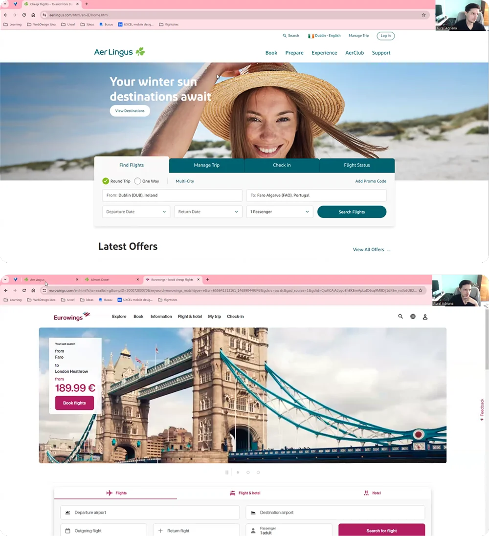 Screen recording of a moderated usability test session, with the participant's webcam and two airline booking sites open in the browser